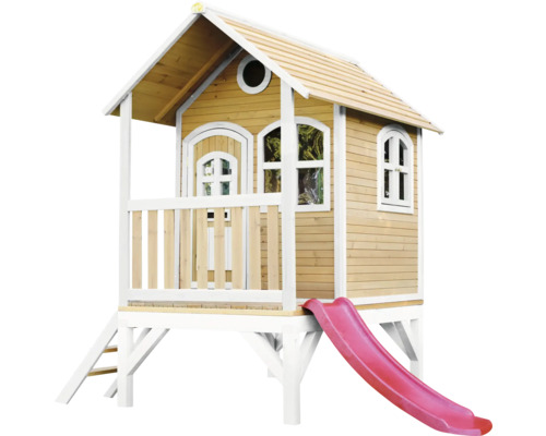 Cabane de jeux sur pilotis axi Tom 287 x 191 cm bois marron avec toboggan rouge Cabane de jeux en bois avec toboggan et échelle pour enfants