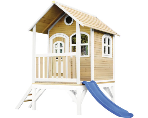 Cabane de jeux sur pilotis axi Tom 287 x 191 cm bois marron avec toboggan bleu Maisonnette en bois avec toboggan et échelle