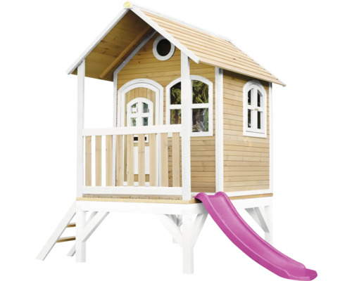 Cabane de jeux sur pilotis axi Tom 287 x 191 cm bois marron avec toboggan lilas Maisonnette en bois avec toboggan pour le jardin