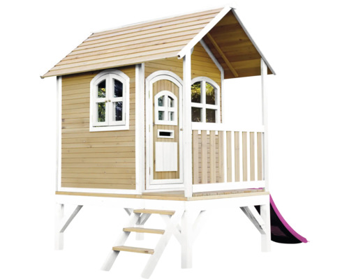 Holzspielhaus mit Rutsche, Treppe, Tür und Fenster