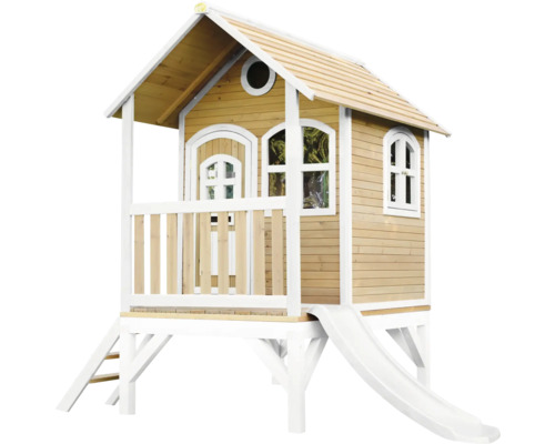 Cabane de jeux sur pilotis axi Tom 287 x 191 cm bois marron avec toboggan blanc Cabane de jeu en bois avec toboggan et échelle pour le jardin