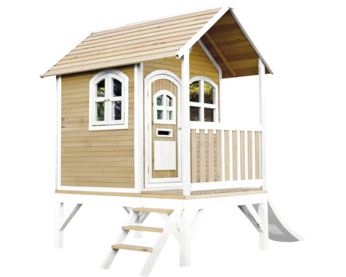 Cabane de jeu en bois avec toboggan, escalier, fenêtres et porte