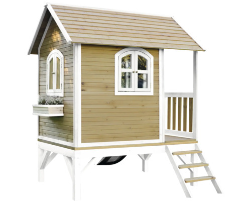 Cabane de jeu en bois avec fenêtres et escalier