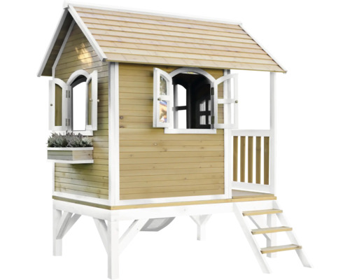 Cabane de jeu en bois avec escalier, fenêtres et jardinière