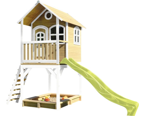 Cabane de jeux sur pilotis axi Sarah 370 x 191 cm bois marron avec toboggan vert