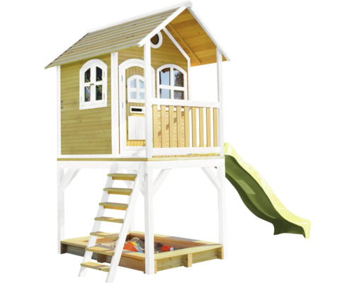 Maisonnette avec toboggan et bac à sable en bois