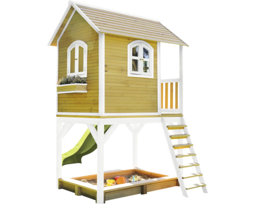 Maisonnette en bois avec toboggan et bac à sable