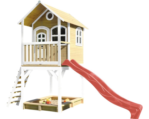 Cabane de jeux sur pilotis axi Sarah 370 x 191 cm bois marron avec toboggan rouge