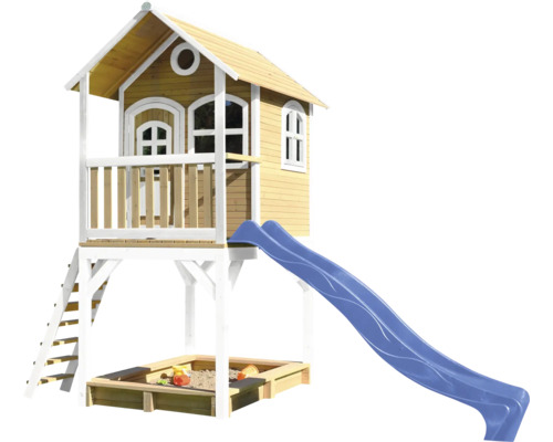 Cabane de jeux sur pilotis axi Sarah 370 x 191 cm bois marron avec toboggan bleu