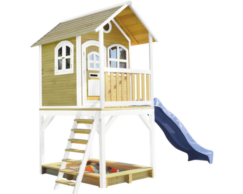 Maisonnette en bois avec toboggan, bac à sable et escalier
