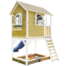 Cabane de jeu en bois avec bac à sable et toboggan