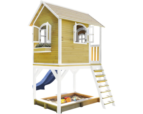 Cabane de jeu en bois avec bac à sable et toboggan