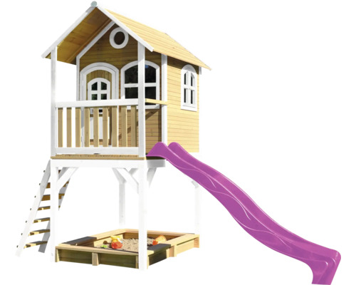 Spielhaus mit Stelzen axi Sarah 370 x 191 cm Holz braun inkl. Rutsche lila