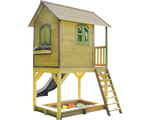 Spielhaus aus Holz mit Rutsche und Sandkasten für den Garten