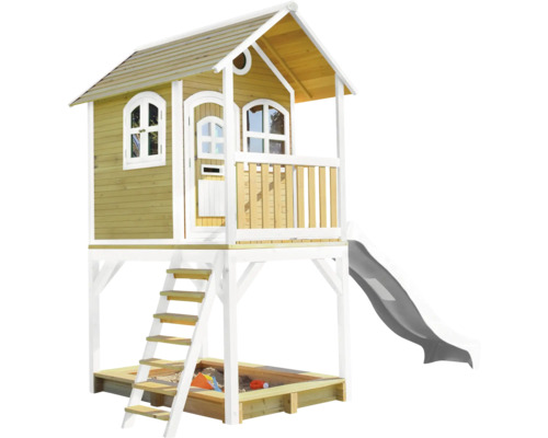 Cabane de jeu en bois avec bac à sable et toboggan