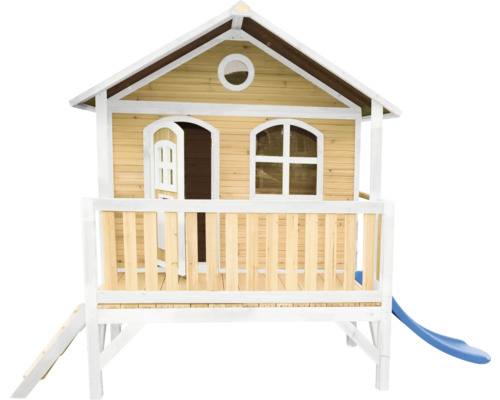 Cabane de jeux sur pilotis axi Stef 349 x 212 cm bois marron avec toboggan bleu Maisonnette en bois avec toboggan et échelle
