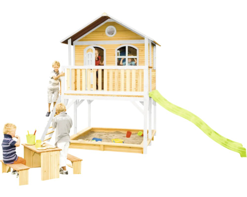 Maisonnette en bois avec toboggan, bac à sable et table de pique-nique pour enfants