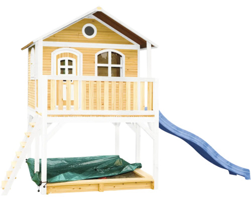 Cabane de jeux en bois avec toboggan et bac à sable