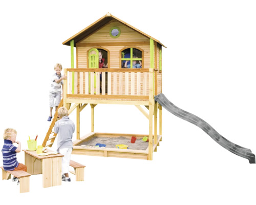 Maisonnette en bois avec bac à sable, toboggan et table de pique-nique pour enfants