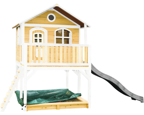 Maisonnette avec toboggan et bac à sable en bois