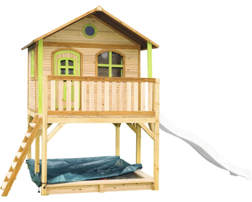 Maisonnette avec toboggan, échelle et bac à sable en bois