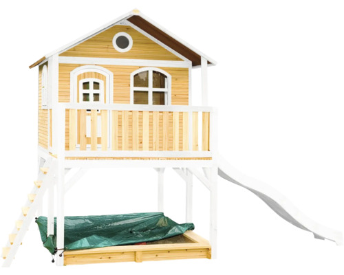 Maisonnette en bois avec toboggan et bac à sable