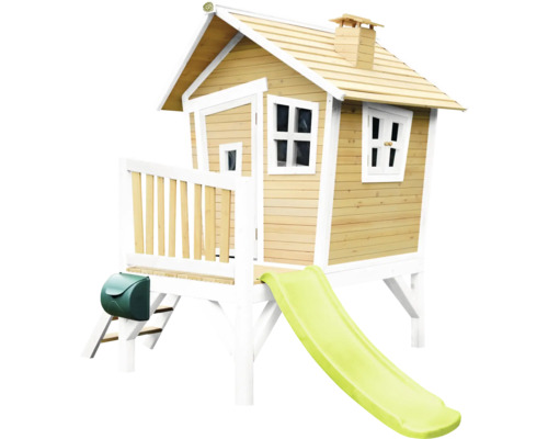Cabane de jeux sur pilotis axi Robin 264 x 177 cm bois marron avec toboggan vert Maisonnette en bois avec toboggan, boîte aux lettres et échelle
