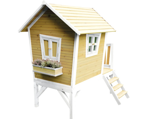 Spielhaus aus Holz mit Fenster, Treppe und Blumenkasten