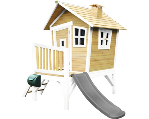 Cabane de jeux sur pilotis axi Robin 264 x 177 cm bois marron avec toboggan gris Maisonnette en bois avec toboggan et boîte aux lettres