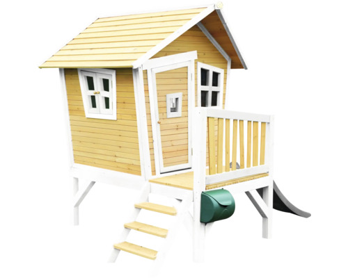 Spielhaus aus Holz mit Rutsche, Briefkasten, Fenster und Tür