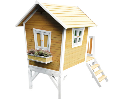 Holzspielhaus mit Fenster, Blumenkasten und Treppe