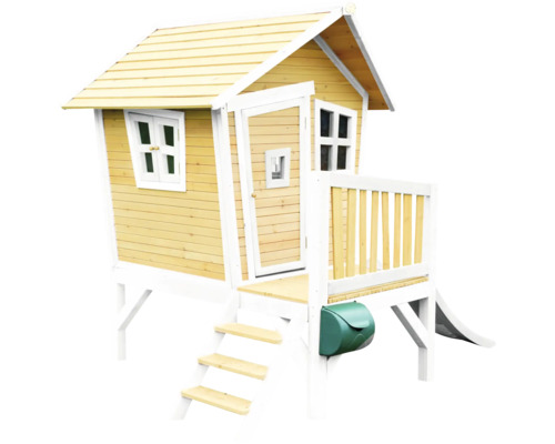 Spielhaus aus Holz mit Veranda, Rutsche und Briefkasten