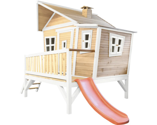 Maisonnette en bois avec toboggan, échelle et fenêtres