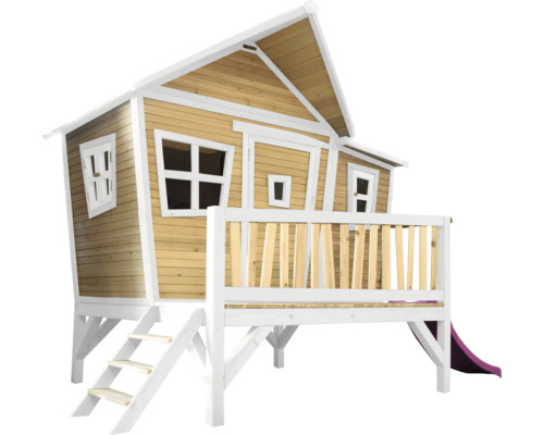 Cabane de jeux sur pilotis axi Emma 349 x 193 cm bois marron avec toboggan lilas