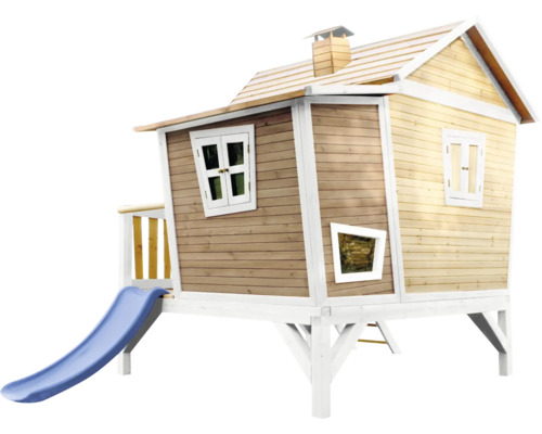 Maisonnette en bois avec toboggan et fenêtres