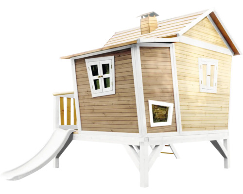 Maison de jeu en bois avec toboggan, fenêtres et cheminée