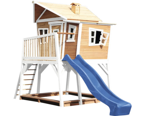 Maisonnette avec toboggan, échelle, bac à sable et fenêtre ouvrante
