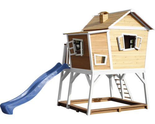 Cabane de jeu en bois avec toboggan et bac à sable