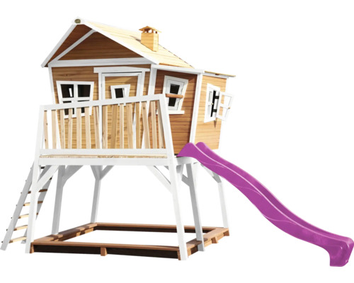 Maisonnette avec toboggan, échelle et bac à sable en bois