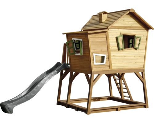 Cabane de jeux en bois avec toboggan et bac à sable