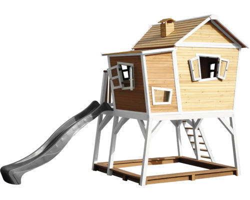 Maisonnette en bois avec toboggan et bac à sable
