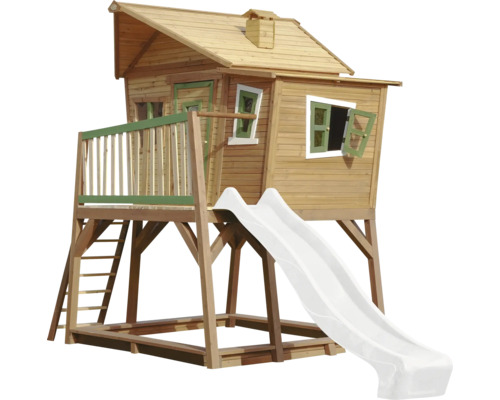 Cabane de jeu en bois avec toboggan, échelle et bac à sable