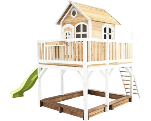 Cabane de jeux sur pilotis axi Liam 377 x 255 cm bois marron avec toboggan vert Maison de jeu en bois avec toboggan et bac à sable