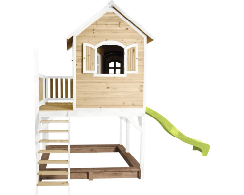 Spielhaus mit Rutsche und Sandkasten aus Holz
