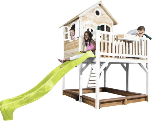 Spielhaus mit Rutsche und Sandkasten für Kinder zum Spielen im Garten