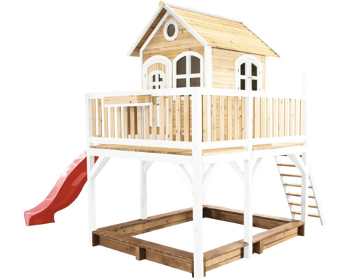 Cabane de jeux sur pilotis axi Liam 377 x 255 cm bois marron avec toboggan rouge