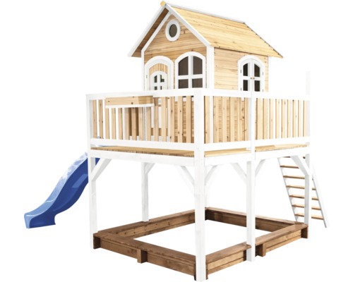 Cabane de jeux sur pilotis axi Liam 377 x 255 cm bois marron avec toboggan bleu Maisonnette avec toboggan et bac à sable pour le jardin