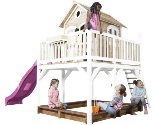 Maisonnette avec toboggan, bac à sable et échelle pour enfants