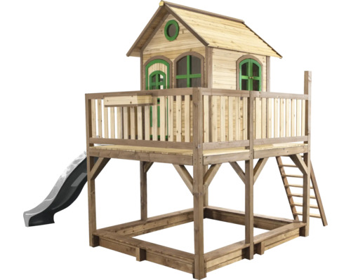 Cabane de jeux sur pilotis axi Liam 377 x 255 cm bois marron avec toboggan gris Maisonnette en bois avec toboggan et bac à sable