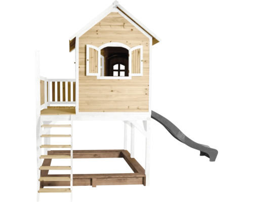 Spielhaus mit Stelzen axi Liam 377 x 255 cm Holz braun bestehend aus Rutsche Holzspielhaus mit Rutsche, Leiter, Sandkasten und Fenster